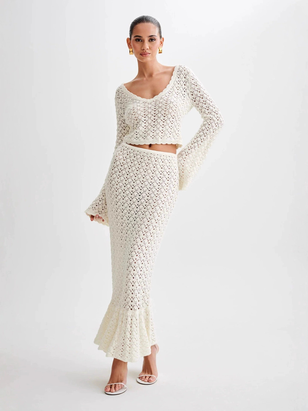 Zara New Long Sleeve Knit Hollow Out Collar Top Long Skirt Set Vacation Casual